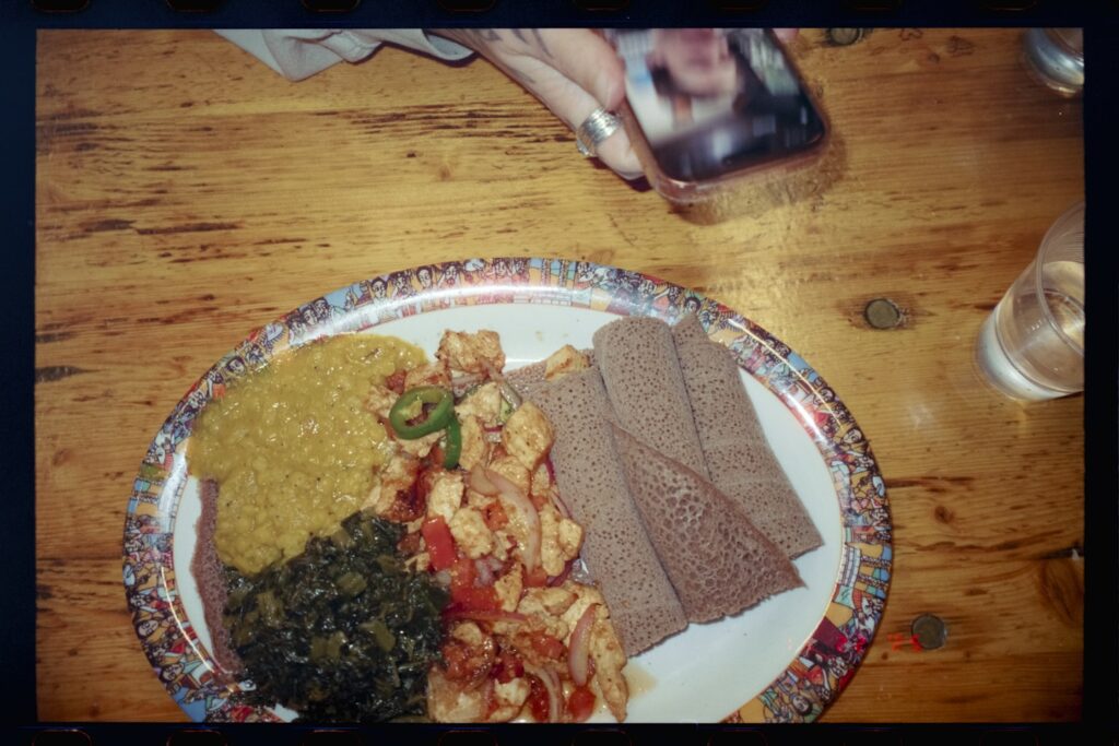 Ethiopian food platter with injera and stews